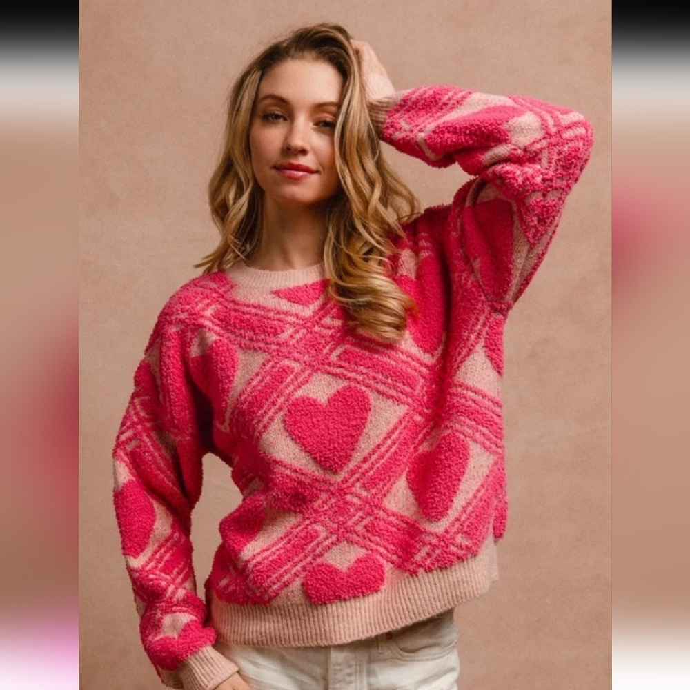 NWT Bibi Pink Heart Pattern Sweater - Size Large